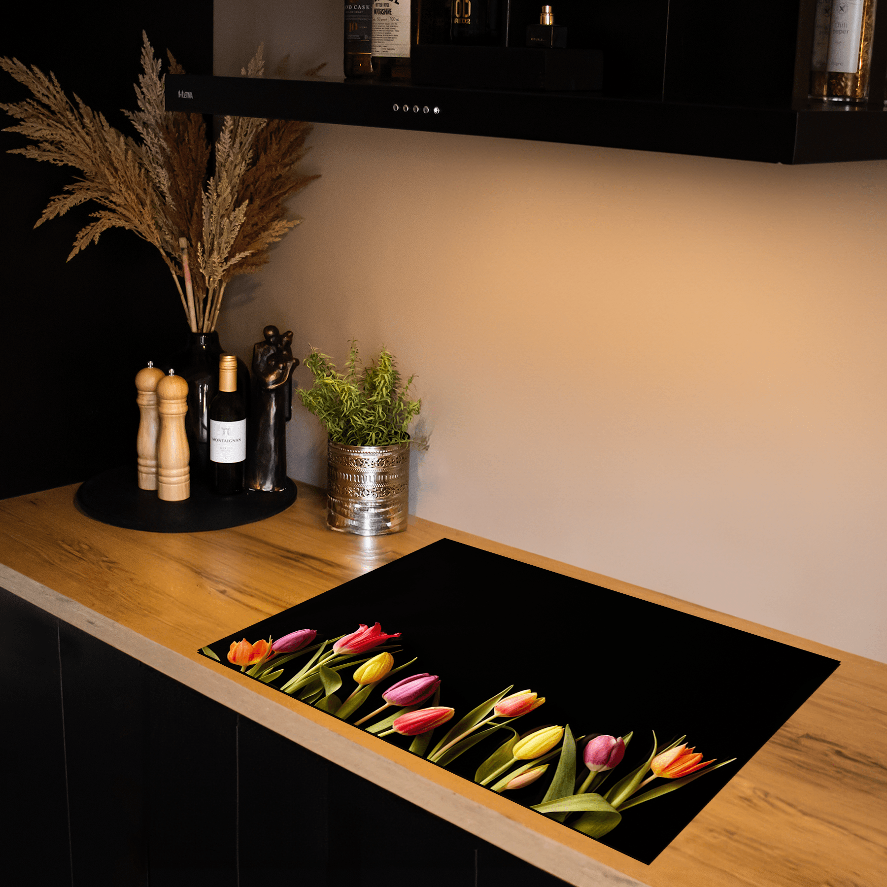 Herdabdeckplatte - Blumen - Tulpen - Bunt - Schwarz - Induktionsgröße