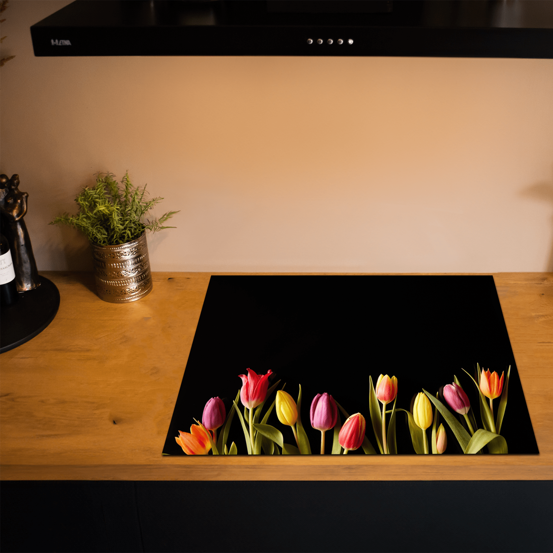 Herdabdeckplatte - Blumen - Tulpen - Bunt - Schwarz - Induktionsgröße