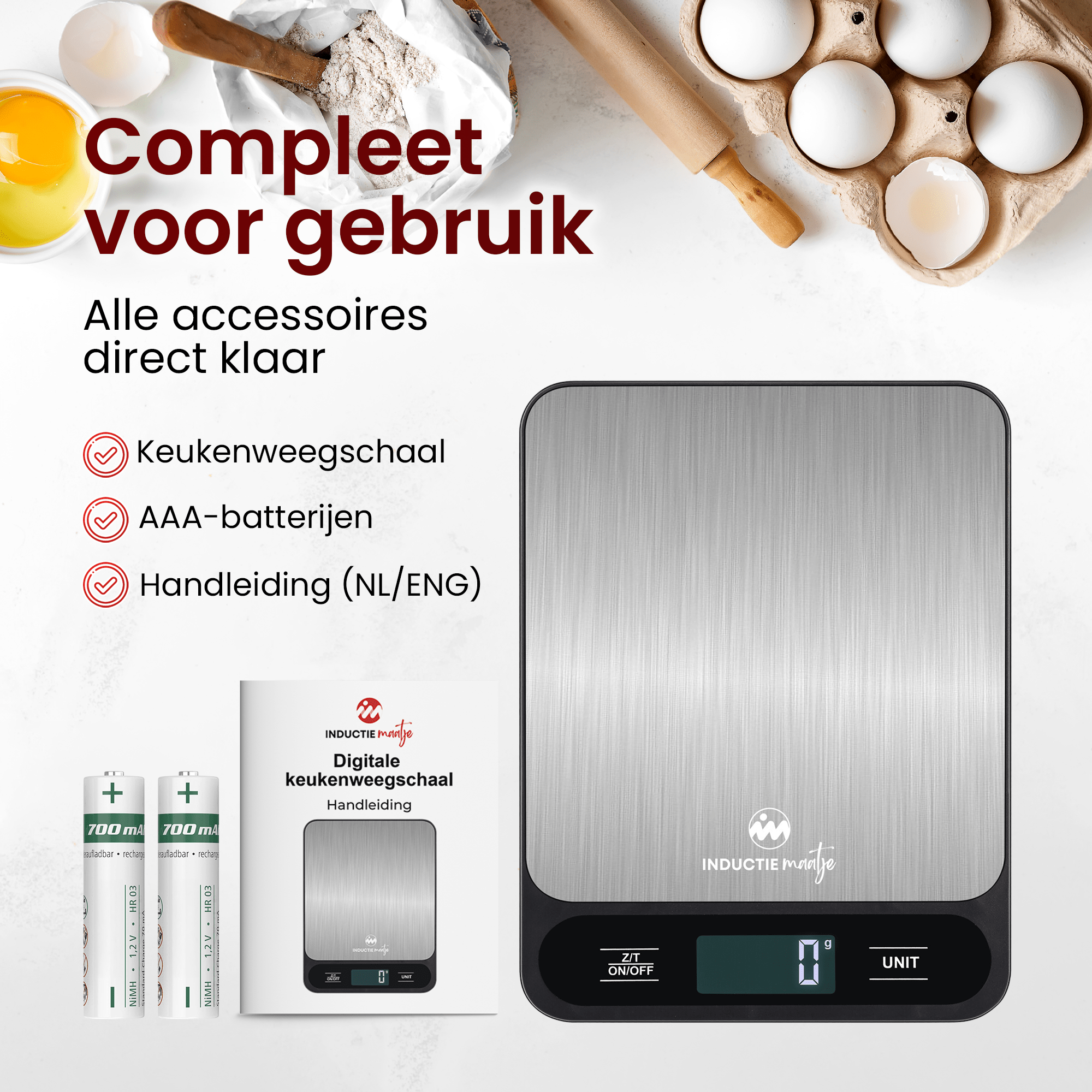 Keukenweegschaal digitaal - Precisie Weegschaal – 1 gram tot 15kg - Tarra functie – Inclusief batterijen - Inductie Maatje