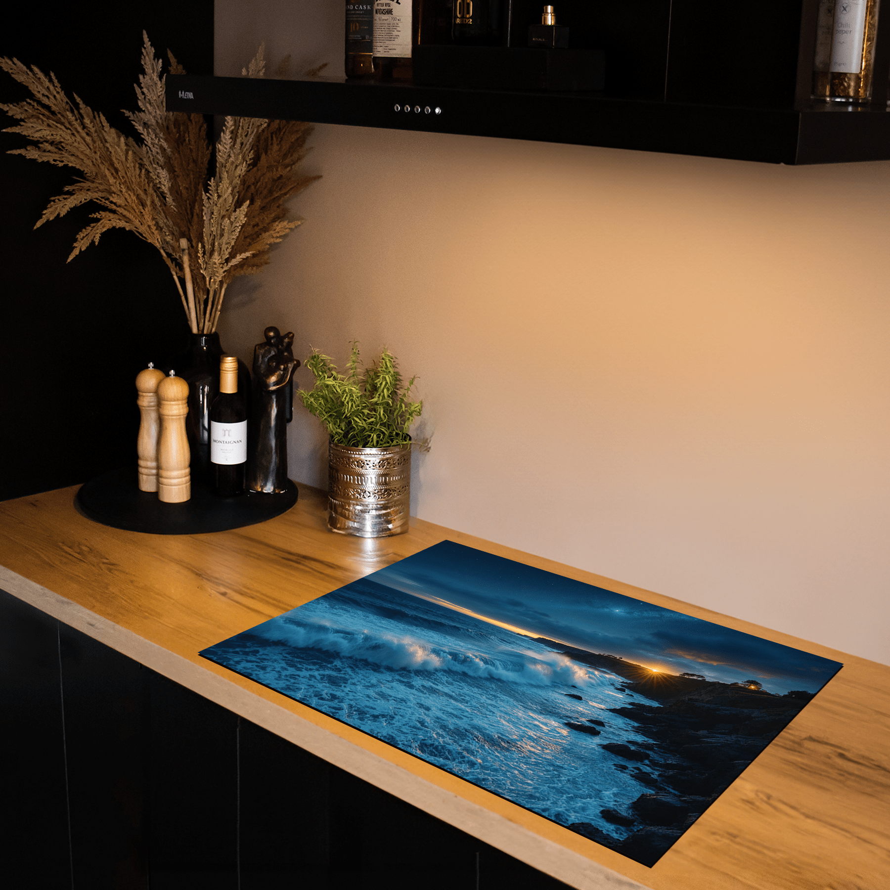 Inductiebeschermer - Zee & Strand - Donker - Middernachtelijke Oceaangolven - Inductiebeschermer