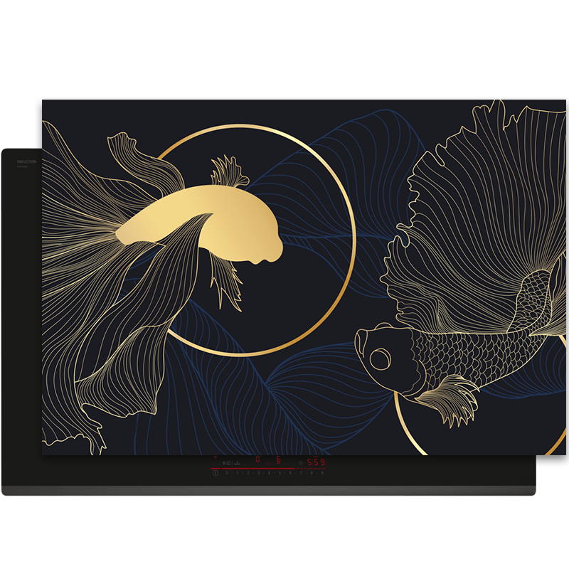 Inductiebeschermer - Black & Gold - Lijntekening - Elegant - Siamese Vis - Inductiebeschermer