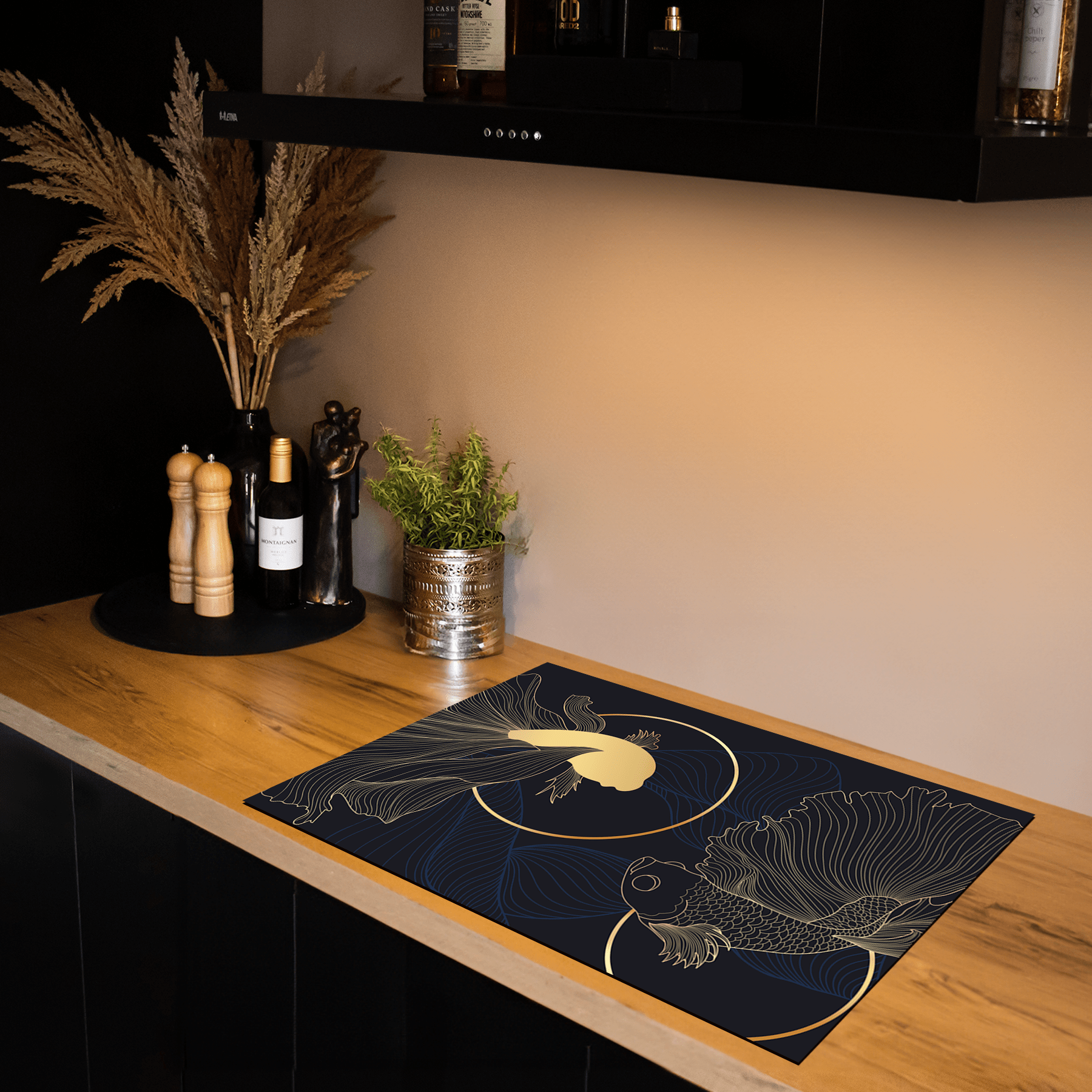 Inductiebeschermer - Black & Gold - Lijntekening - Elegant - Siamese Vis - Inductiebeschermer