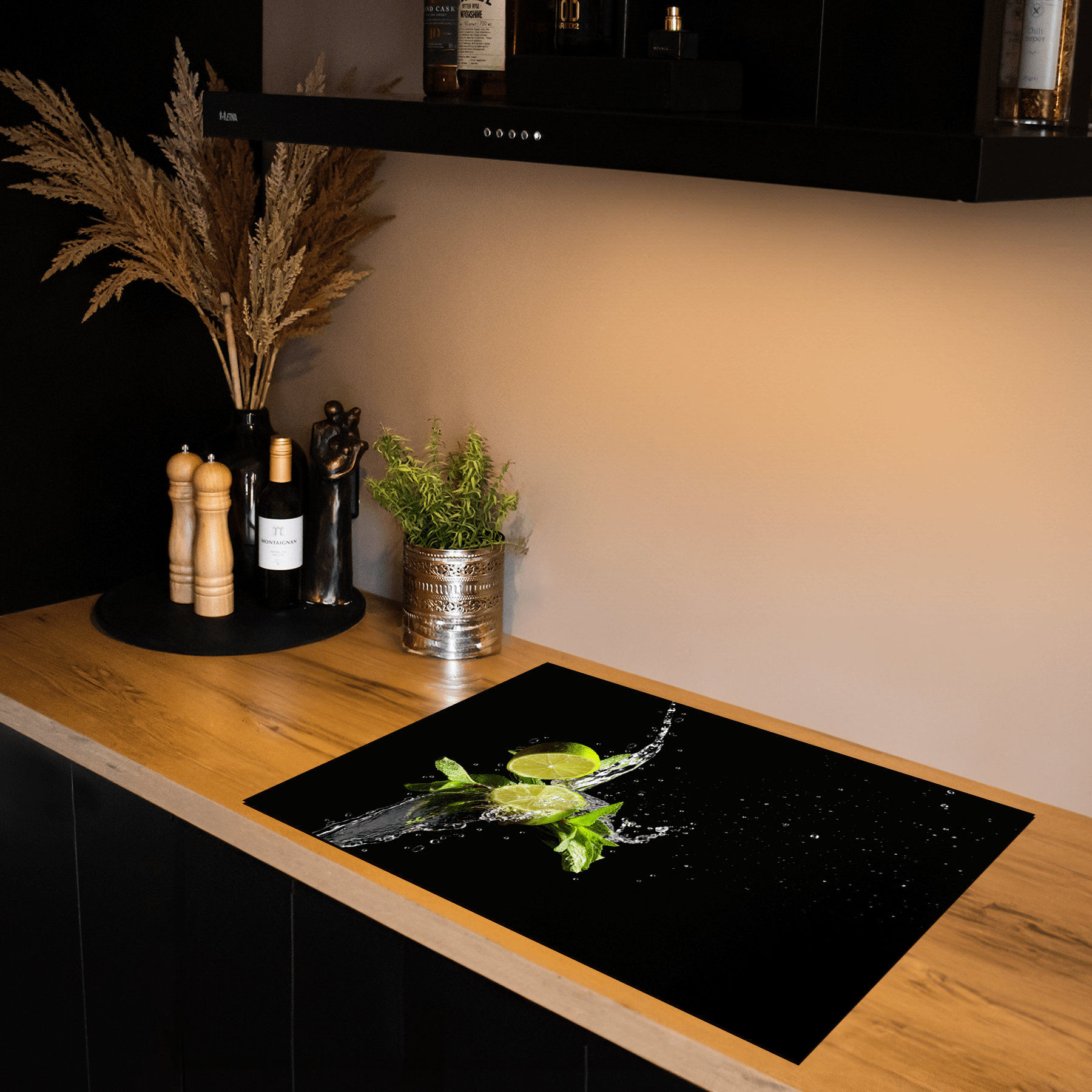Inductiebeschermer - Splash - Mojito - Limoen - Mint - Zwart - Inductiebeschermer