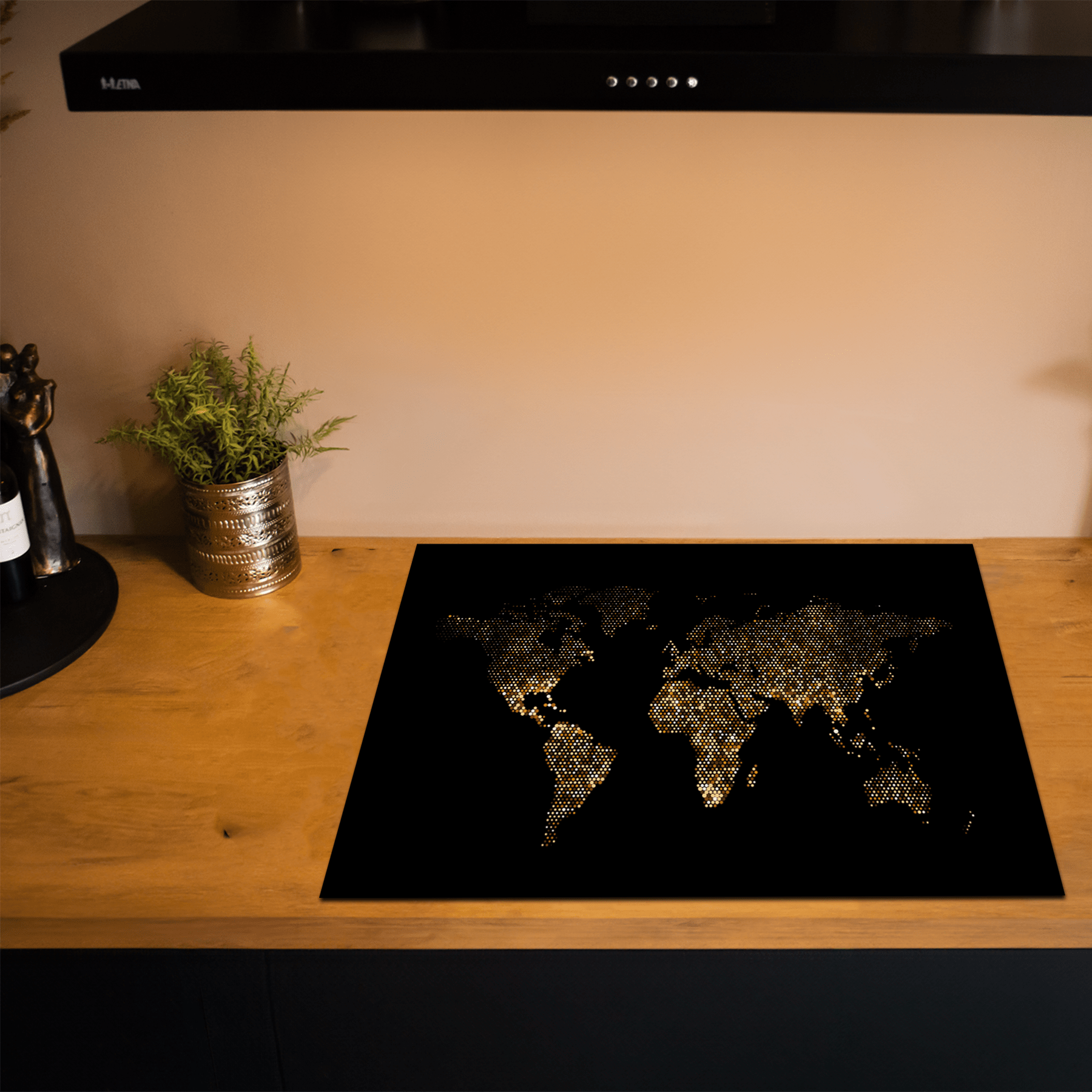 Inductiebeschermer - Black & Gold - Wereldkaart - Textuur - Inductiebeschermer