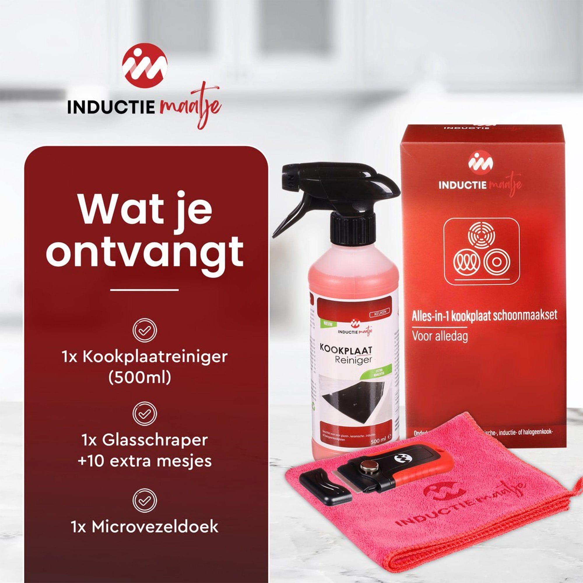kookplaat reinigingsset - kookplaat reiniger - schraper - microvezeldoek - Inductie Maatje
