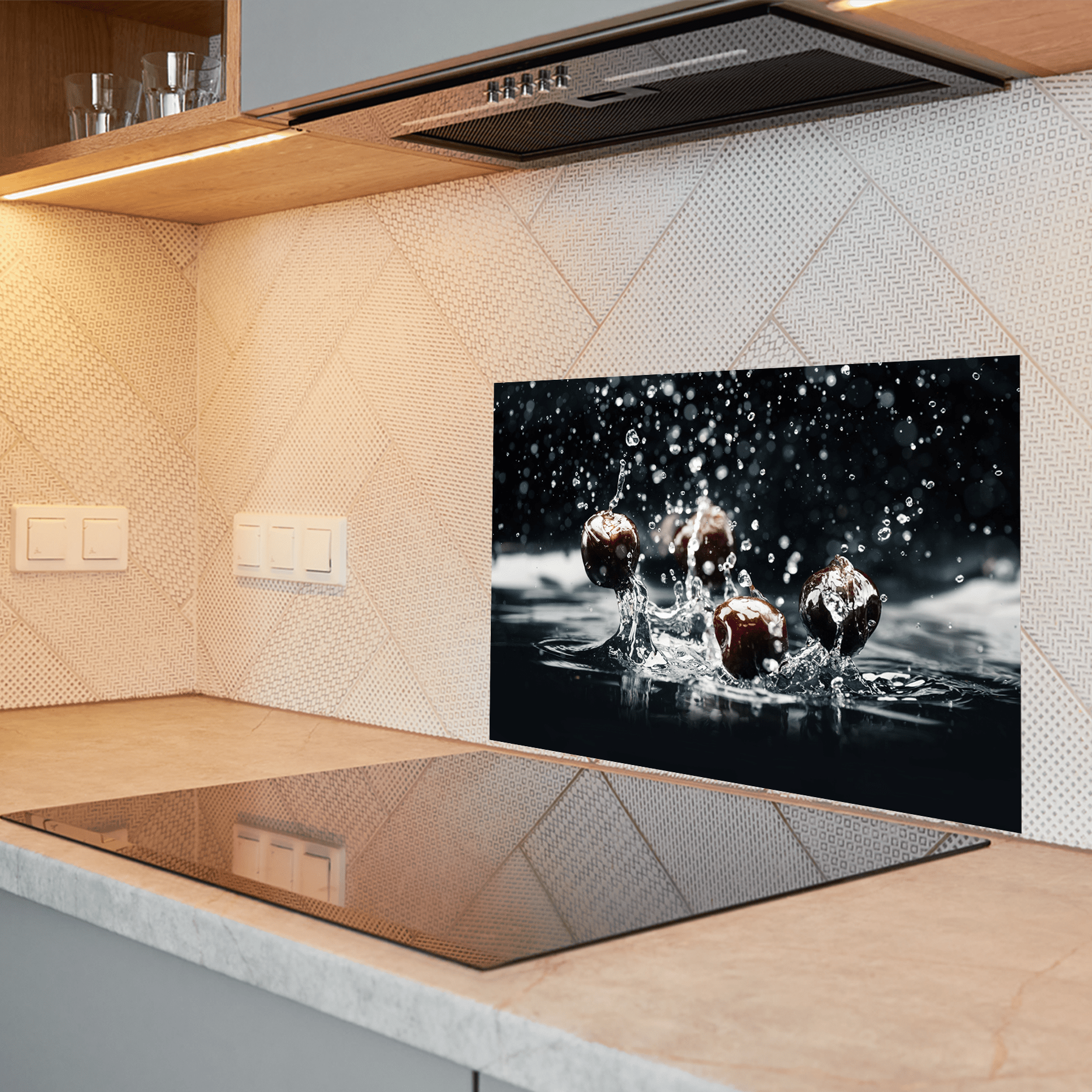 Keuken Spatscherm - Splash - Kersen - Water - Zwart - keuken spatscherm