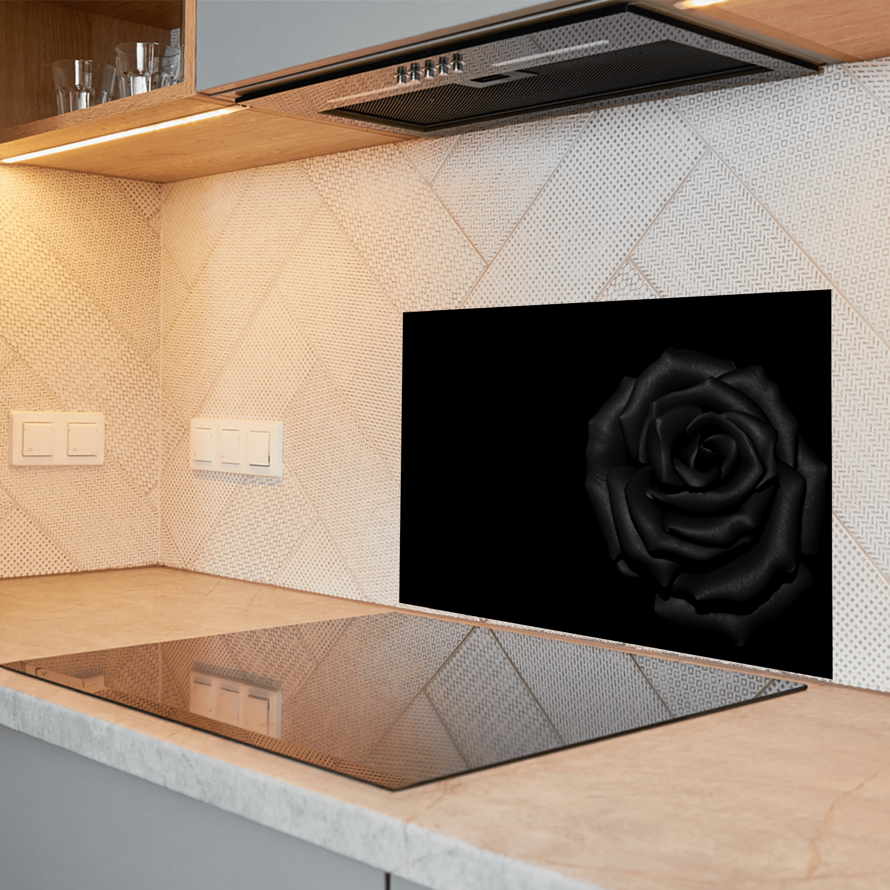 Keuken Spatscherm - Bloemen - Roos - Zwart - keuken spatscherm