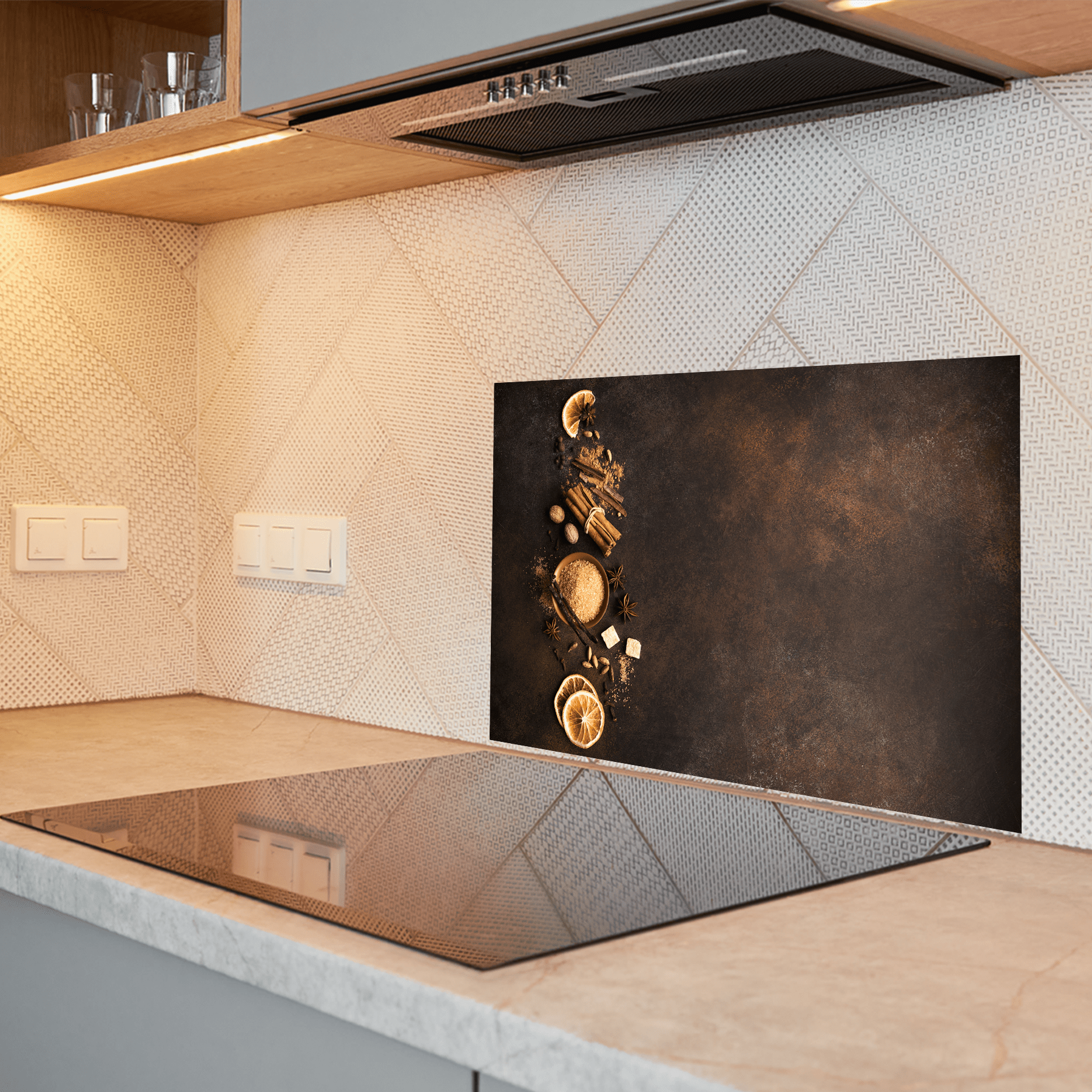 Keuken spatscherm - Kruiden - Snijplank - Hout - Rustiek - keuken spatscherm